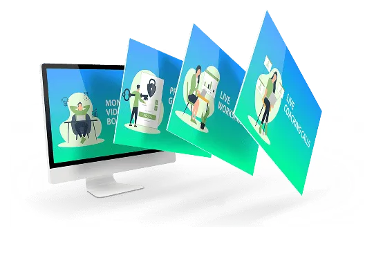 An illustration of a computer monitor with several screens flying out of it, representing a variety of online services or resources.