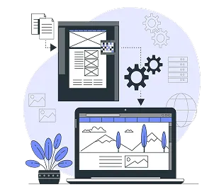 An illustration of a desk with a laptop showing data graphs and a framed picture of a website wireframe, representing tax planning and analysis.