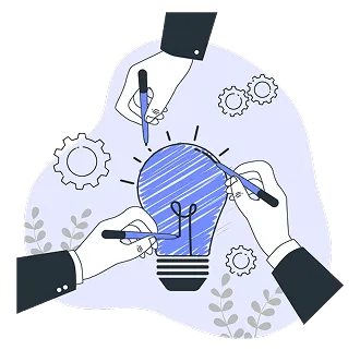 An illustration of multiple hands working together to draw a large lightbulb, representing collaborative brainstorming and strategy.