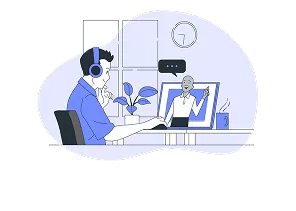 An illustration of a support agent with headphones working at a computer and communicating with a client.