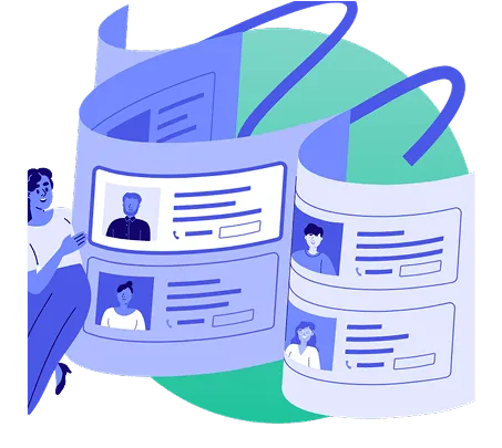 An illustration of a person scrolling through a long, continuous list of user profiles, representing a tax network or community.