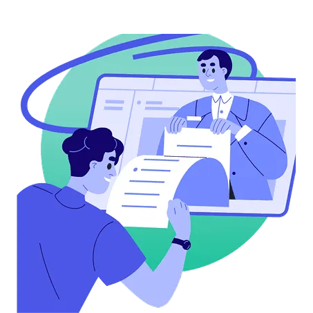 An illustration of a client reviewing a document while on a virtual call with a tax professional.
