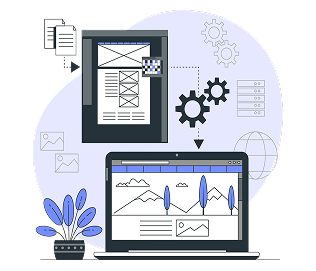 An illustration of a desk with a laptop showing data graphs and a framed picture of a website wireframe, representing tax planning and analysis.