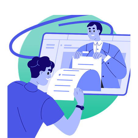 An illustration of a client reviewing a document while on a virtual call with a tax professional.