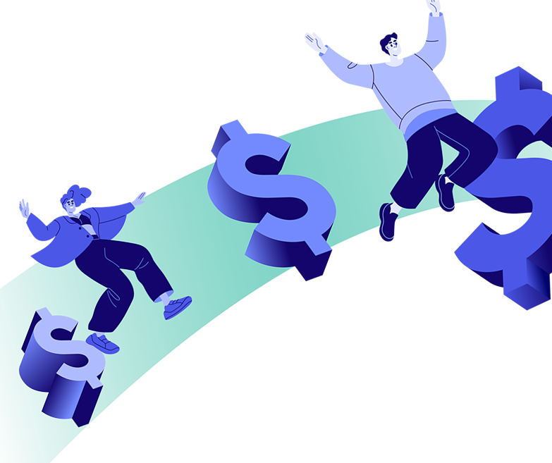 An illustration of two people happily jumping and floating on large dollar signs, representing financial success and freedom.