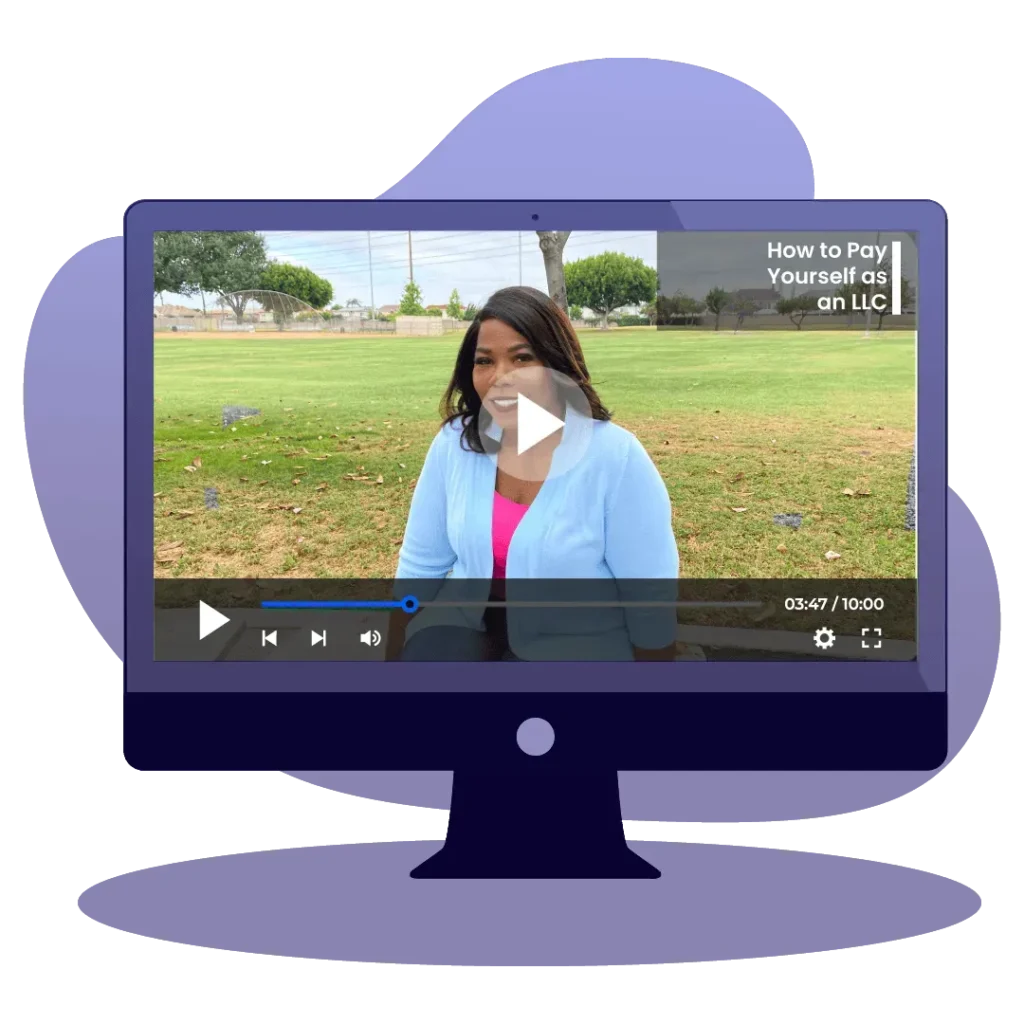 An illustration of a computer monitor showing a video titled 'How to Pay Yourself as an LLC' featuring Karla Dennis.