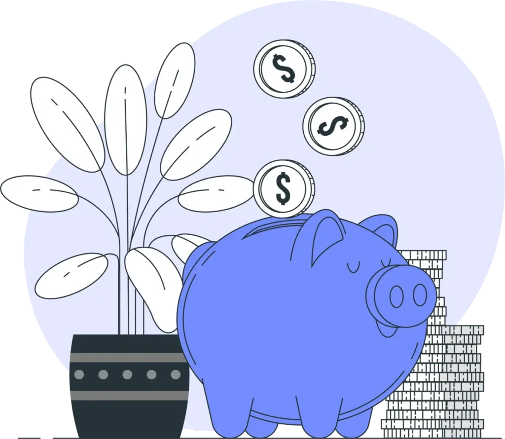 An illustration of dollar coins going into a piggy bank, representing savings and financial growth.