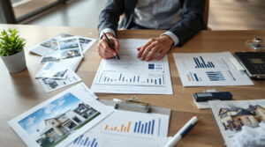 A real estate investor reviewing property photos and blueprints to develop advanced tax strategies.