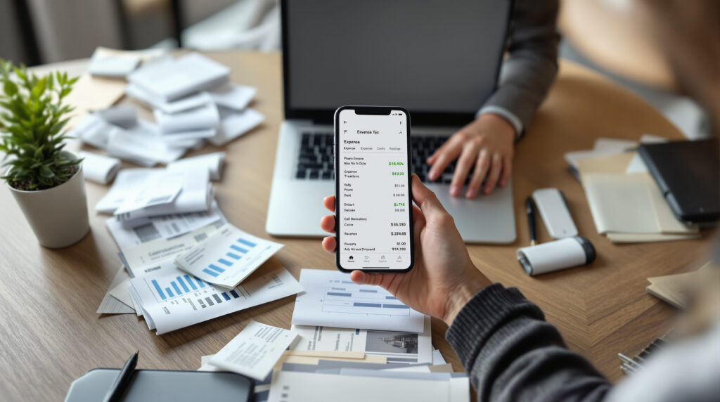 A freelancer using a smartphone, one of the best expense tracking tools for freelancers, to scan receipts on their desk.