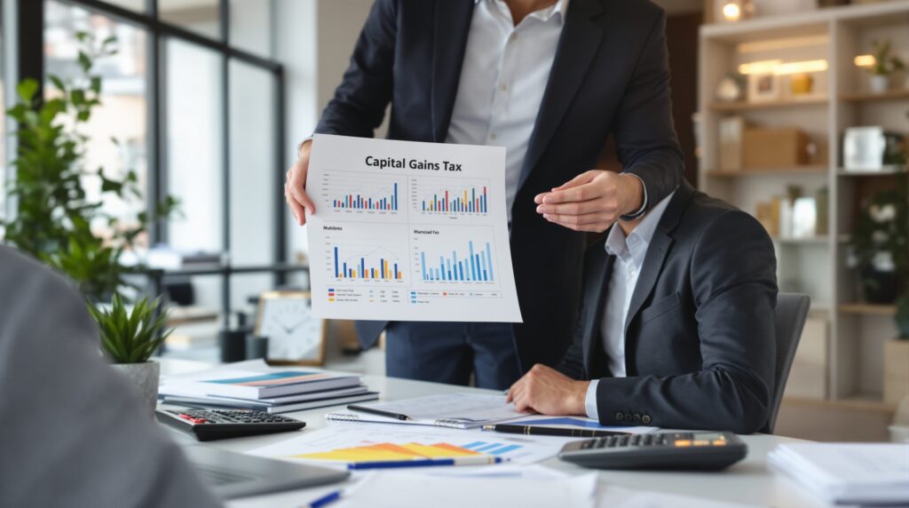 A financial advisor showing a client a document with charts and graphs illustrating Capital Gains Tax data.
