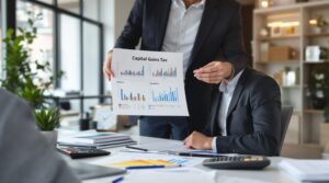 A financial advisor showing a client a document with charts and graphs illustrating Capital Gains Tax data.