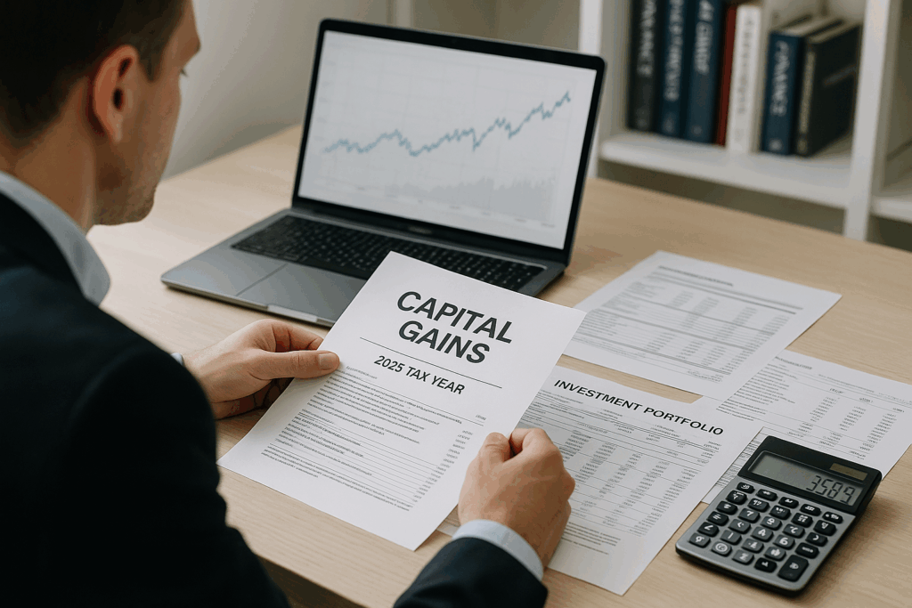 Capital gains tax planning 2025 with investment portfolio documents calculator and financial charts on professional desk