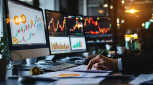 A crypto investor's desk with multiple monitors showing charts and data for calculating crypto capital gains tax.