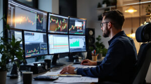 A day trader at a multi-monitor setup, analyzing stock charts and managing his day trading taxes.