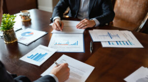 A financial advisor and client engaged in estate tax planning to protect the client's family legacy.