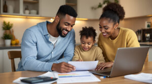 A family sitting together and using a laptop to learn about available tax credits to maximize their savings.