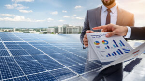 A professional holding a financial report in front of solar panels, representing the clean energy investment tax credit.