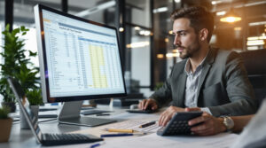 A business owner at his desk reviewing a spreadsheet to master the company's payroll tax for 2025.