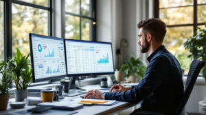 A business owner at his desk using online bookkeeping services to manage his company's finances.