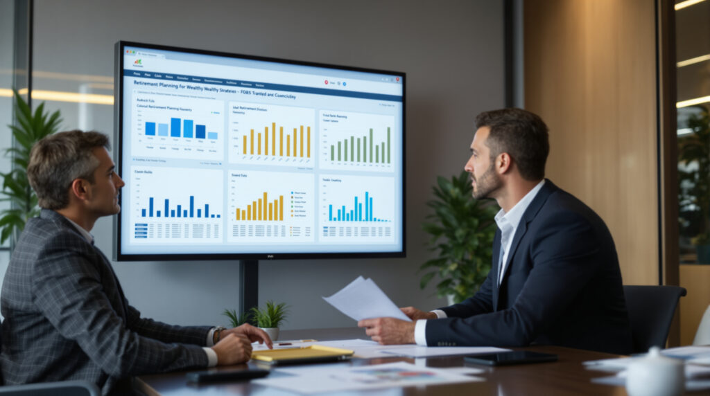 A financial advisor discussing retirement planning strategies with a high-income earner in front of a data screen.