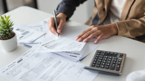 A person filling out tax forms at a desk to claim the saver's tax credit for their retirement.