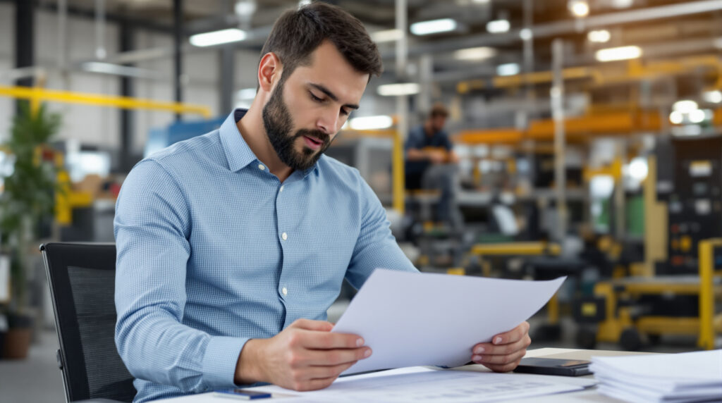 A business owner in a warehouse reviewing documents for the Section 179 deduction on equipment.