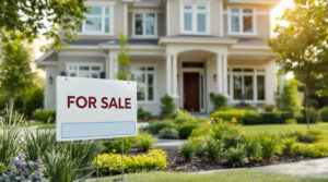 A beautiful house with a for sale sign, representing a move to one of the states with no property tax.