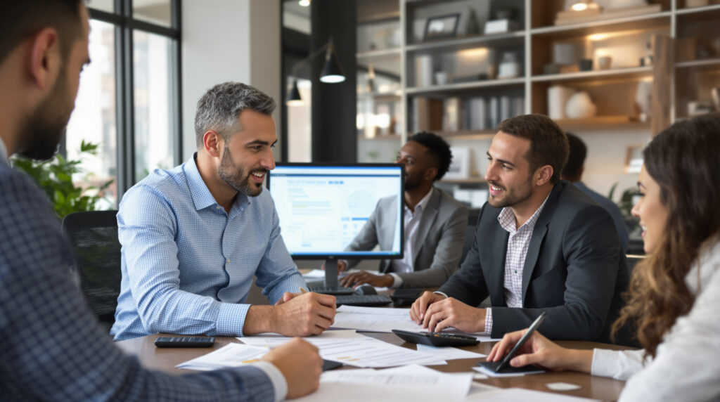 A team of professionals providing tax preparation services to clients in a modern office.