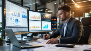 A high-income earner at his desk reviewing 5 outstanding tax strategies for 2025 on his computer monitors.