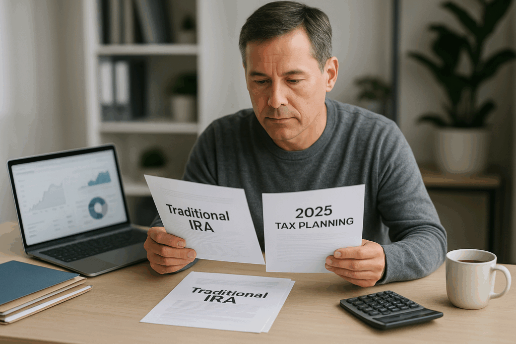 A man at his desk comparing the benefits of a Traditional IRA versus a Roth IRA for his 2025 tax planning.